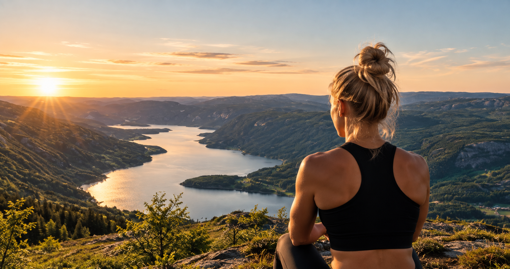 Kvinne som ser utover fjordlandskap i solnedgang
